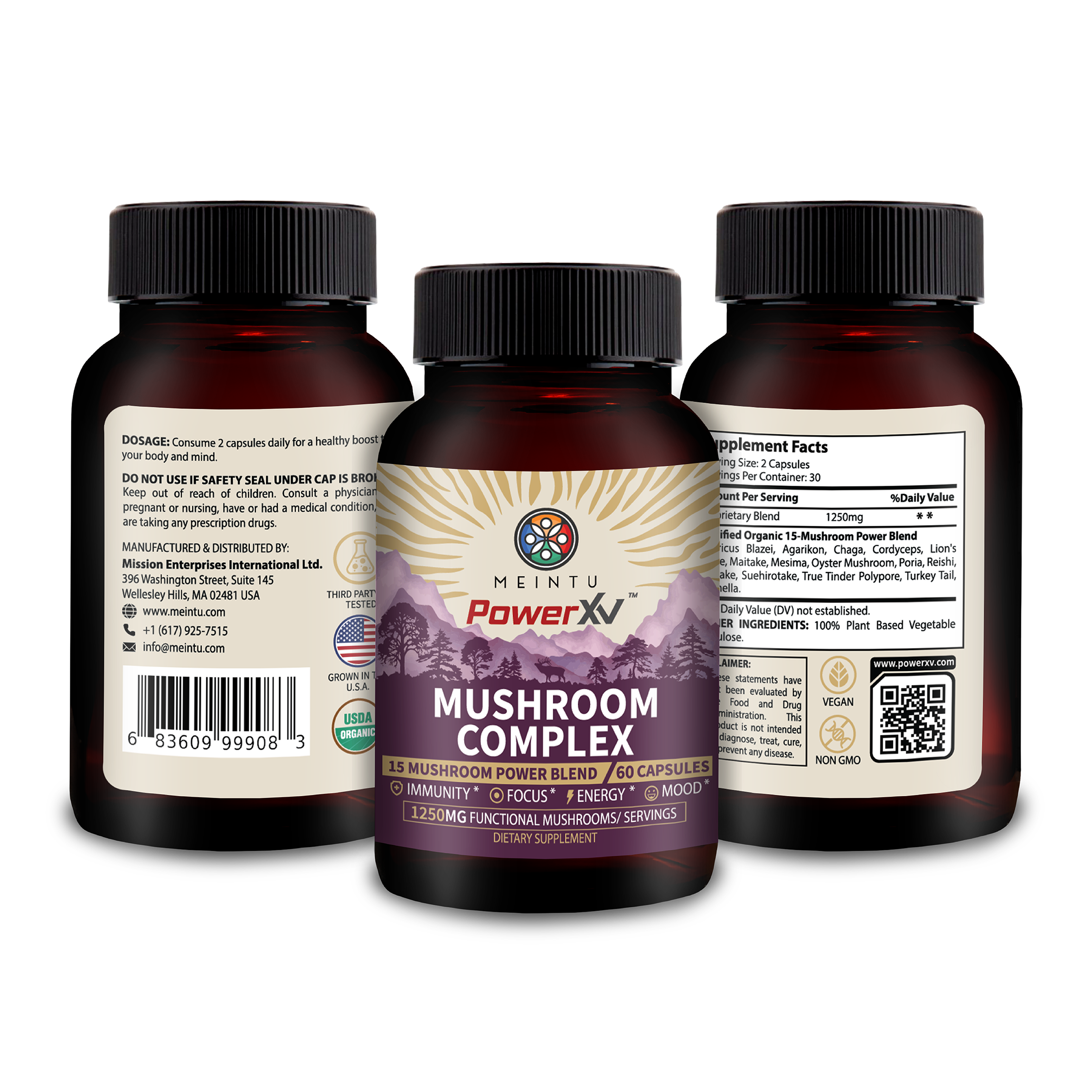 PowerXV 15-Mushroom Complex – Organic Capsules for Focus, Energy & Immunity – 60 Count