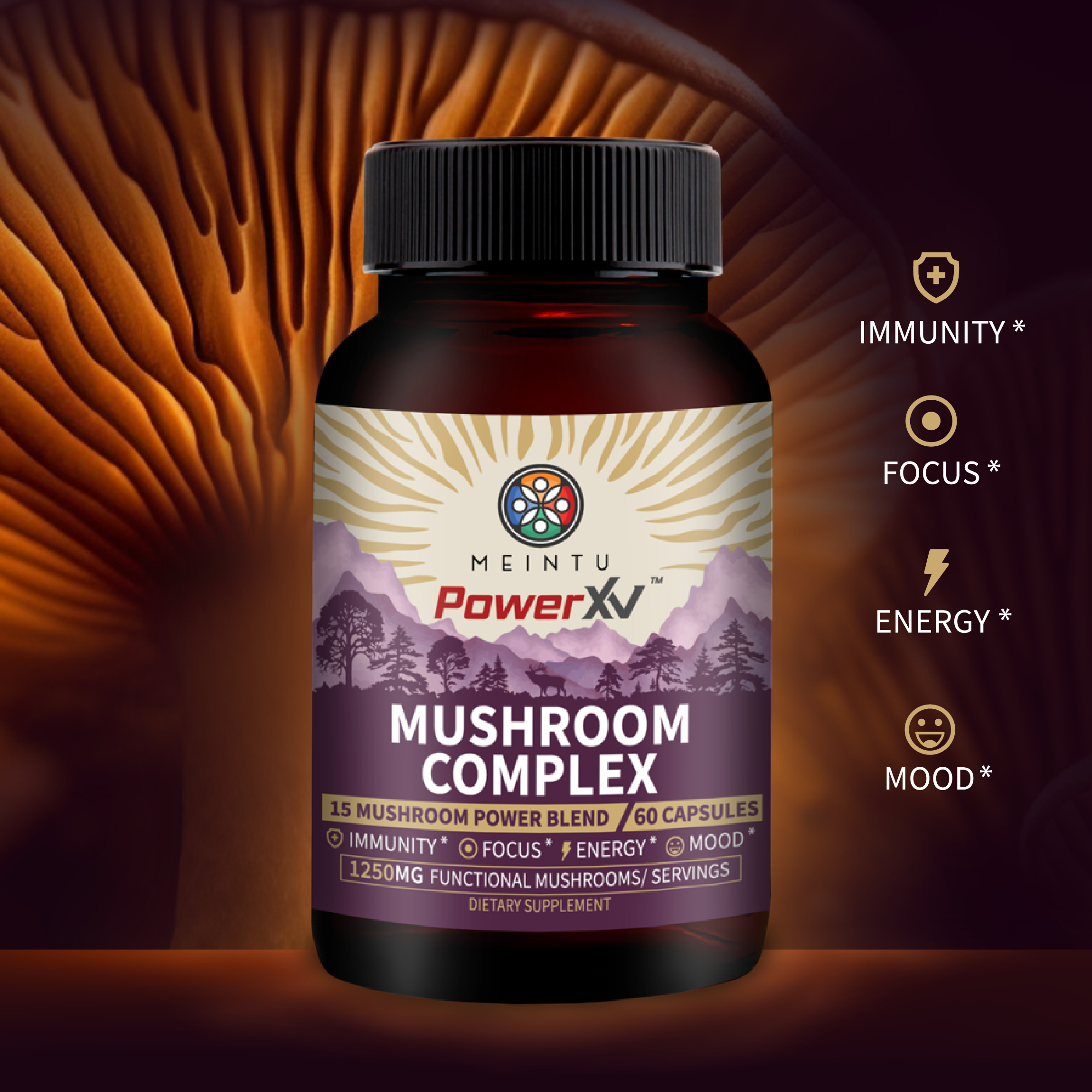 PowerXV 15-Mushroom Complex – Organic Capsules for Focus, Energy & Immunity – 60 Count