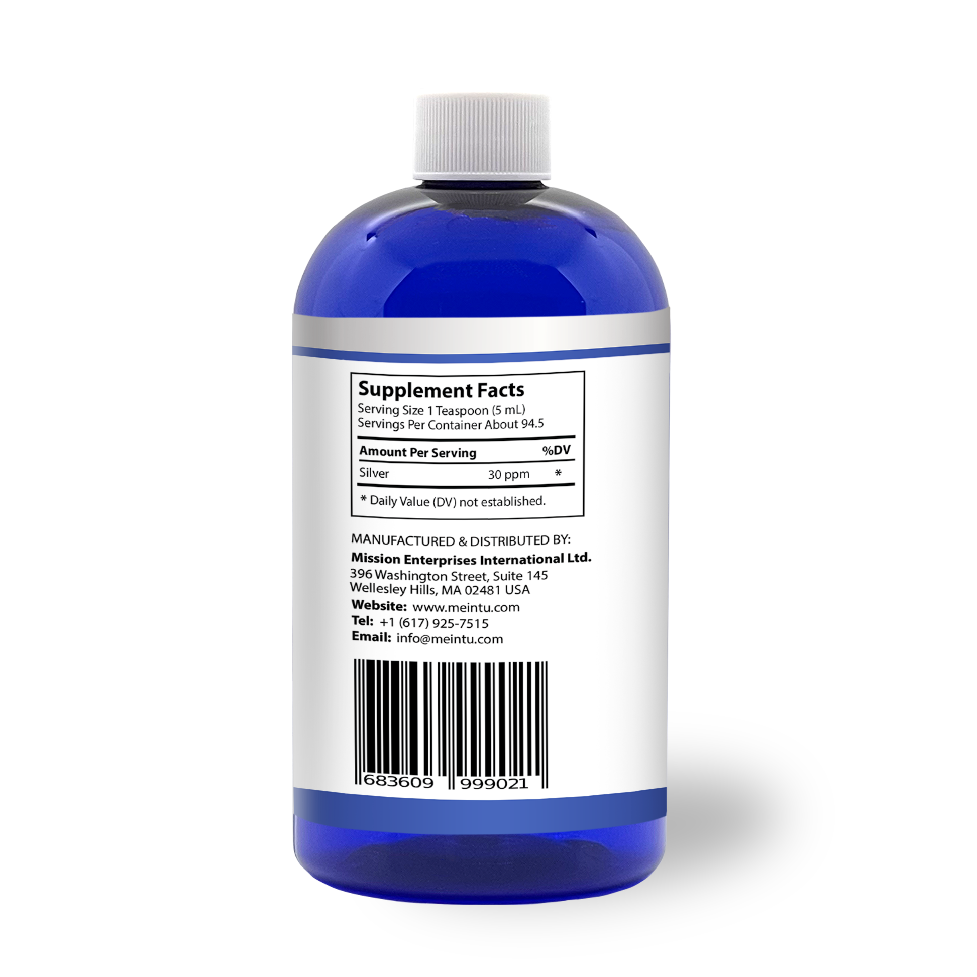 A blue bottle containing silver supplement